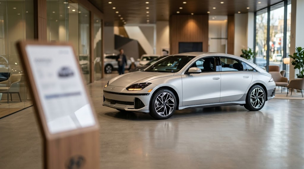 Otomobil showroomunda sergilenen gümüş rengi bir elektrikli sedan ve önünde bulanık şekilde görünen bir fiyat etiketi