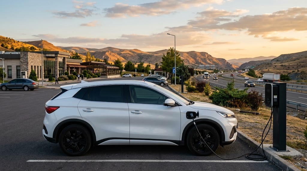 Türkiye'de bir otoyol kenarında şarj olan beyaz elektrikli SUV, akşam ışığında yandan çekim
