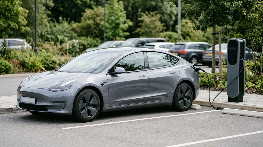 Bir elektrikli otomobilin şarj kablosuyla şarj istasyonuna bağlı hâlde, gündüz ışığında park hâlinde gösterildiği fotoğrafik görsel
