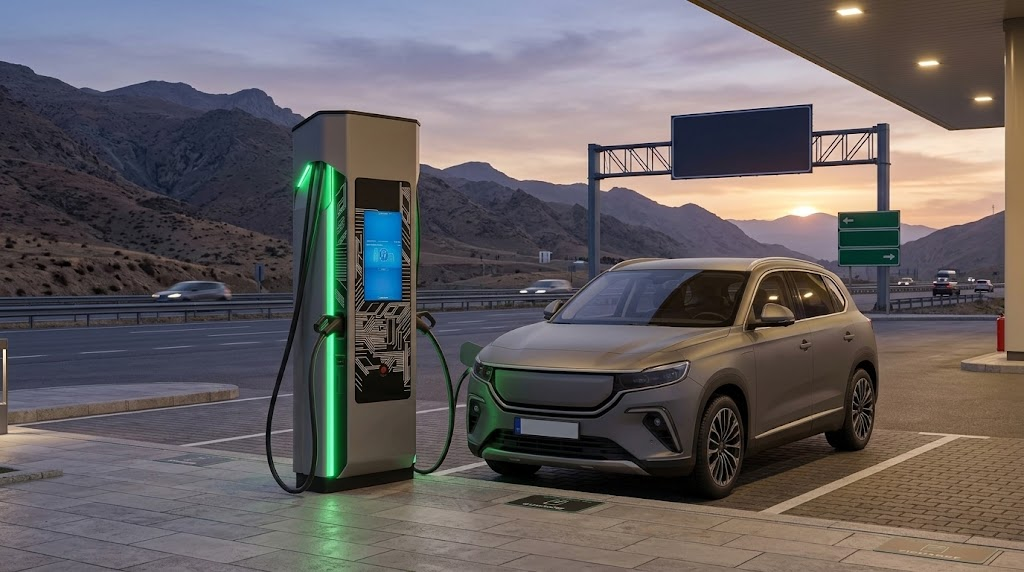 Gece vakti Türkiye otoyolunda hızlı şarj istasyonunda şarj olan elektrikli otomobil