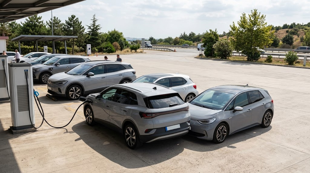 Bir otoyol dinlenme tesisinde yan yana park etmiş, kablolarla şarj ünitelerine bağlı birkaç elektrikli otomobilin gündüz çekilmiş fotoğrafı.