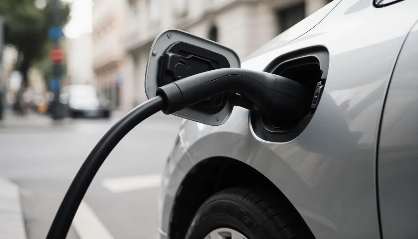 Gri bir elektrikli otomobilin ön çamurluğundaki şarj soketine takılı şarj kablosu, arka planda bulanık şehir sokağı
