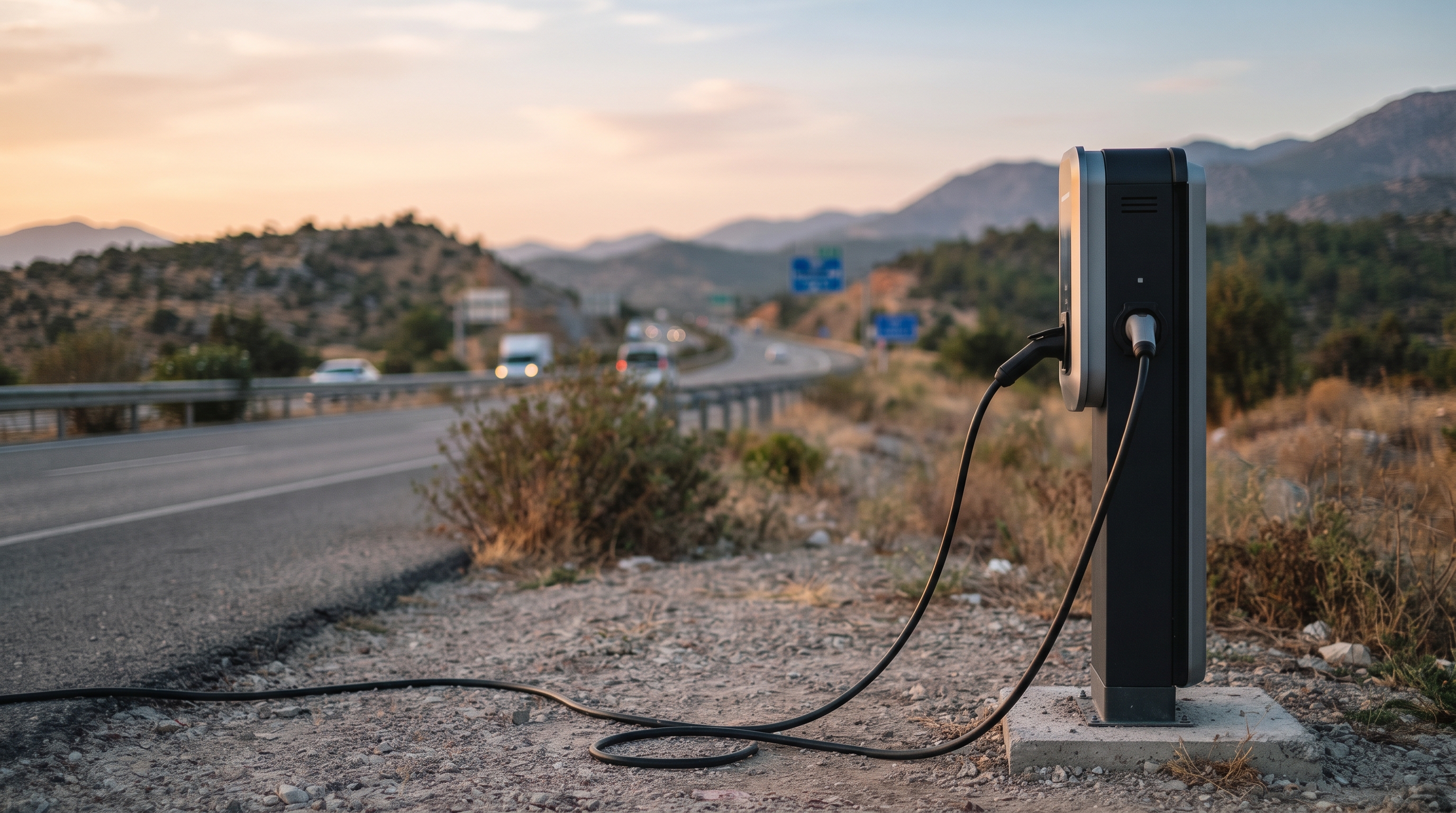 Yol kenarında bir elektrikli araç şarj ünitesi ve şarj kablosu, arka planda şehirlerarası karayolu; markasız ve yazısız görsel.
