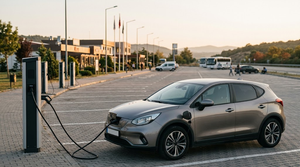 Şehirlerarası bir yol kenarındaki dinlenme tesisinde, akşamüstü ışığında şarj kablosuna bağlı park etmiş bir elektrikli otomobil, arka planda bulanık görünen birkaç şarj ünitesi