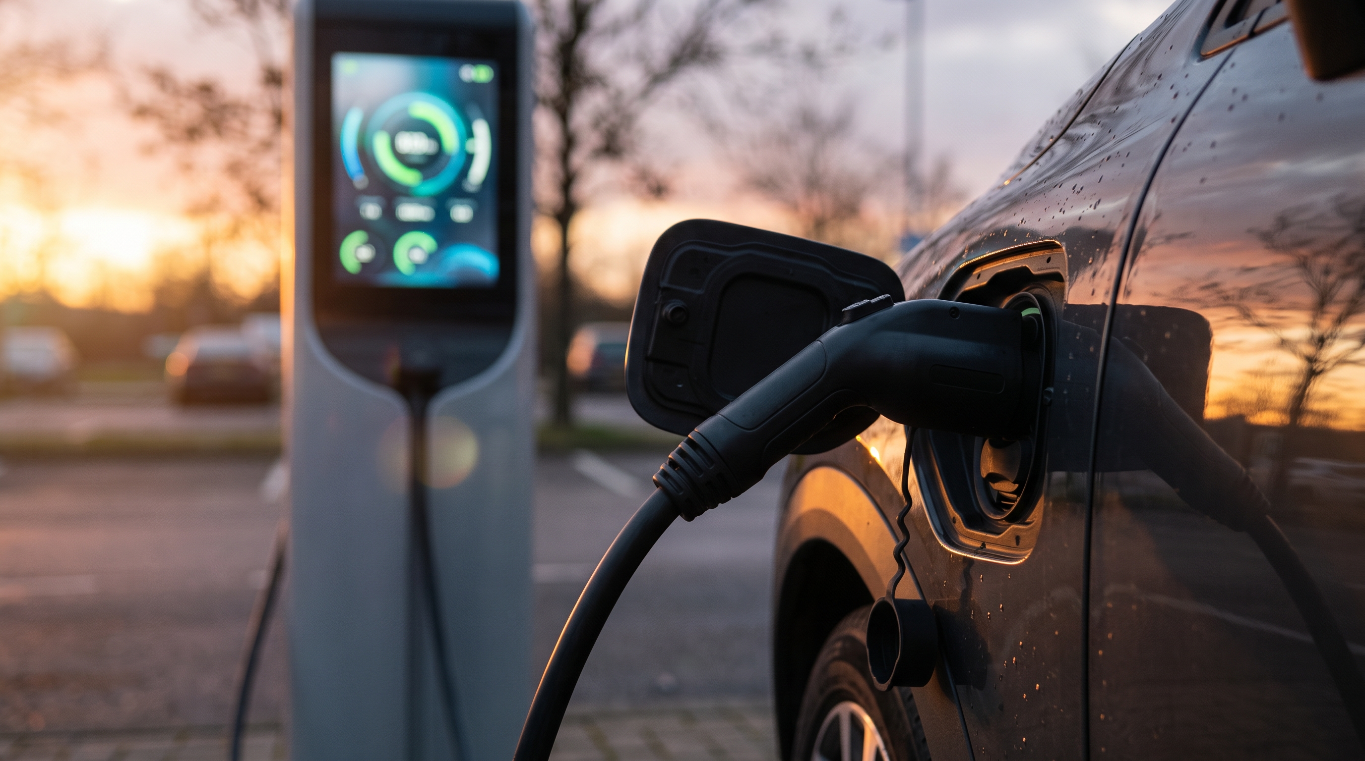 Elektrikli bir otomobile bağlı şarj kablosunun yakın çekimi, arka planda şarj istasyonu ekranındaki ışıklı göstergeler